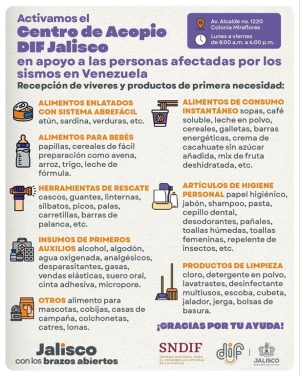 Activará DIF Jalisco Centro de Acopio en apoyo a familias afectadas por los sismos en Venezuela