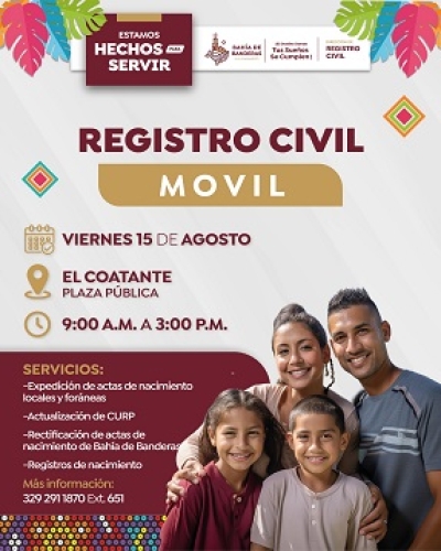 Registro Civil Móvil llegará a El Coatante este 15 de agosto