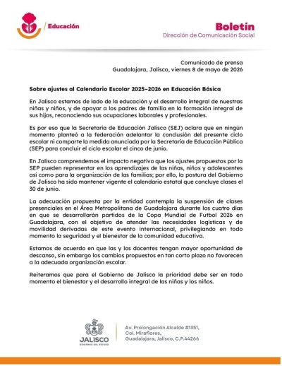 Calendario Escolar en Jalisco sigue sin cambio; clases concluyen el 30 de junio