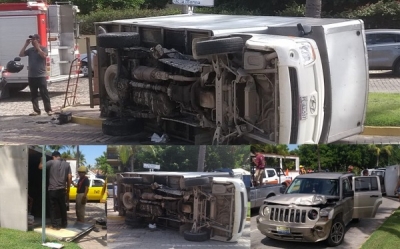 Mujer impacta con su Patriot a camioneta de carga y la voltea en Marina Vallarta