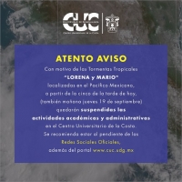 Suspenden clases en el CUC desde las 17:00 horas de hoy y también mañana jueves por "Lorena"