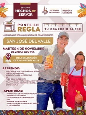 Jornada de Regularización de Comerciantes estará en San José del Valle